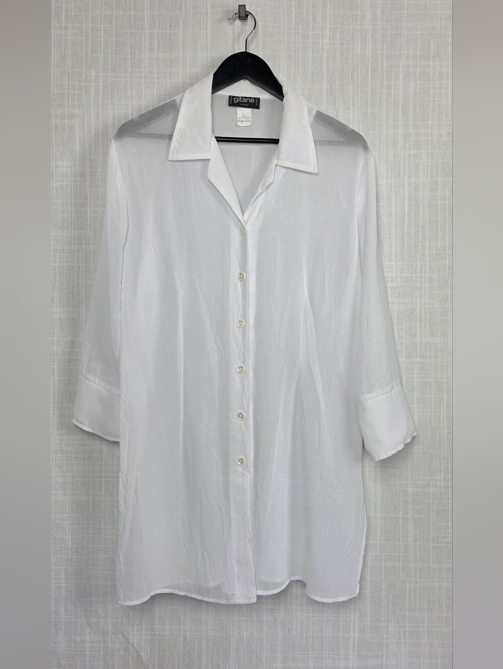 Gitane White Sheer Women's Button Up Blouse Tunic Top Size L Made in Canada - Picture 3 of 16